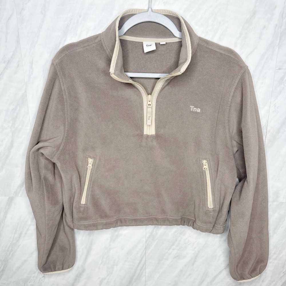 TNA Beige Fleece Quarter-Zip Crop Top Sweater Medium